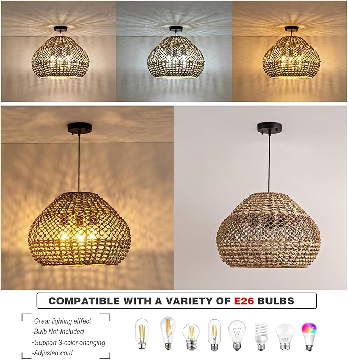 19in Large Rattan Chandelier 3-Lights Boho Hand Woven Wicker Dining Room Lighting Fixtures Farmhouse Round Rattan Pendant Light for Living Room Bedroom Kitchen Island Restaurant Bar