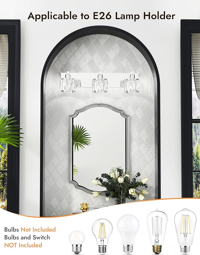 VOLISUN Crystal Vanity Lights for Bathroom, 3 Light Modern Stainless Steel Chrome Bathroom Vanity Light Fixture Over Mirror - UL Certificated (Bulb Not Included)