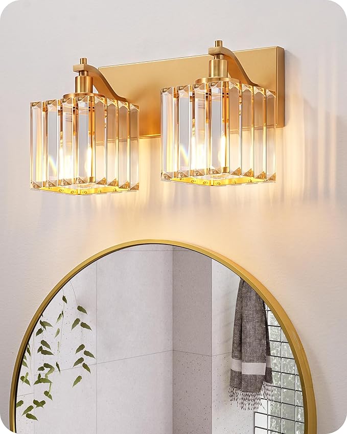 EDISHINE Bathroom Vanity Light, Modern Bathroom Lighting Fixtures, 2 Light Crystal Vanity Lights Over Mirror, Brass Bath Wall Sconce Lamp for Powder Room, Makeup, E26 Base, Gold