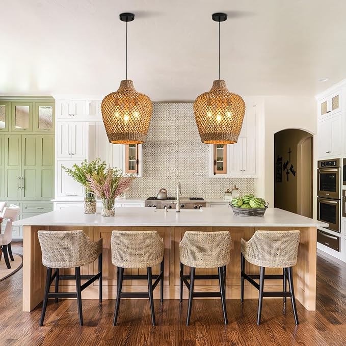 18.9" Rattan Pendant Light Fixtures,Boho Rattan Pendant Light,3-Light Hand Woven Seagrass Chandelier for Workplace Occasions Restaurants Dining Living Bedroom Kitchen Farmhouse
