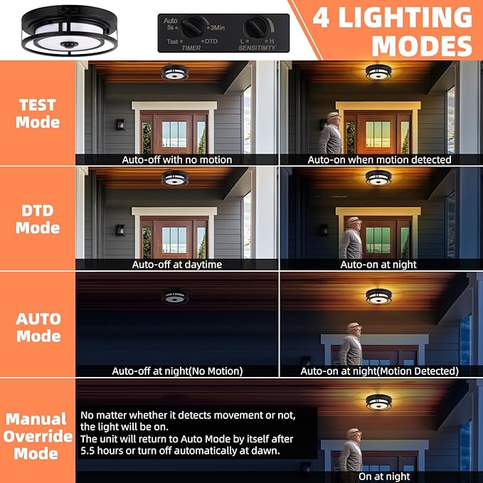 12IN LED Motion Sensor Outdoor Ceiling Light, Flush Mount Ceiling Light Fixtures, 3CCT 3000-5000K Dusk to Dawn Ceiling Porch Light Motion Sensor Outdoor Lights Waterproof for Porch Entryway Garage