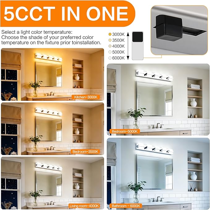 SOLFART Chrome Bathroom Light Fixture, 5 Light LED Vanity Lights Over Mirror, Lights for Bathrooms,5 Color Temperature Adjustable Vanity Lights for Bath Nickel