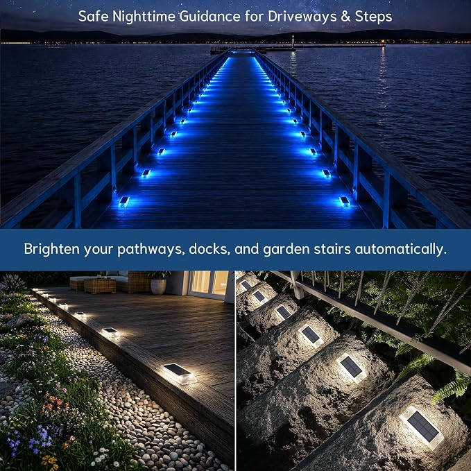 Solar Step Lights Outdoor, 2 Colors in 1 LED Stair Lights | 6 Pack Waterproof Screw Mount Deck Step Lights for Stairs, Patio, Garden, Walkway (White/Blue)