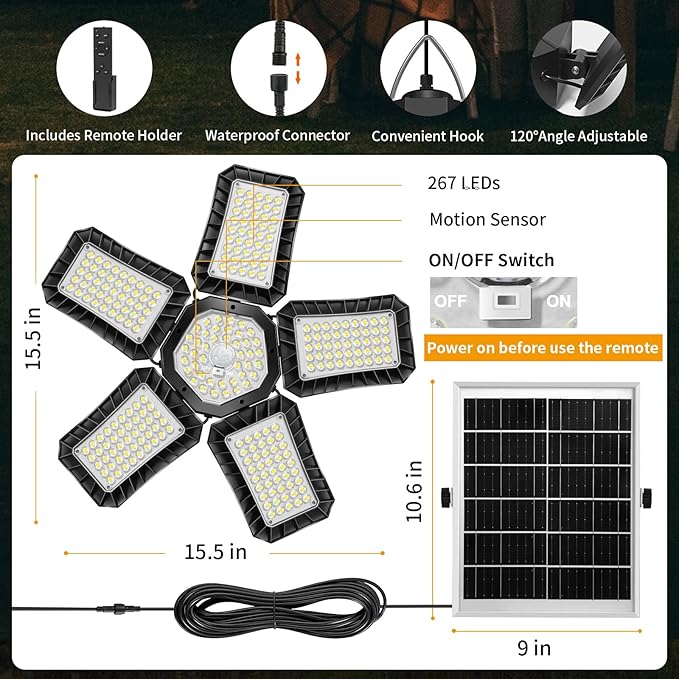 Solar Shed Light Indoor Outdoor, Upgrade Large 267LED Solar Powered Motion Sensor Pendant Light Works Day & Night, Solar Indoor Light with 2 Lighting Modes + Timer & Remote for Shed Gazebo Garage Barn