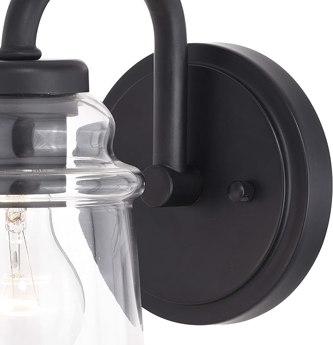 VAXCEL Toledo 1-Light 5.25 inch Wide Matte Black Industrial Bathroom Vanity Lighting Fixture, Clear Glass Shade, Dimmable, LED Compatible, Wall Mounted Steel Sconce