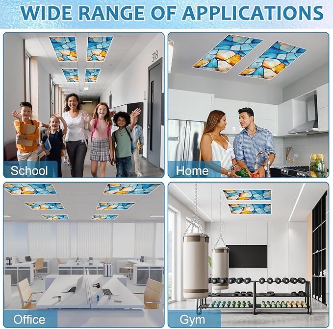 QOUBAI 6 Pcs Fluorescent Light Covers,4 x 2 Ft Magnetic Light Filters Colorful Art Fluorescent Lights Shade Easy Install for Classroom Office Library Hospital Home Ceiling Blue Glass