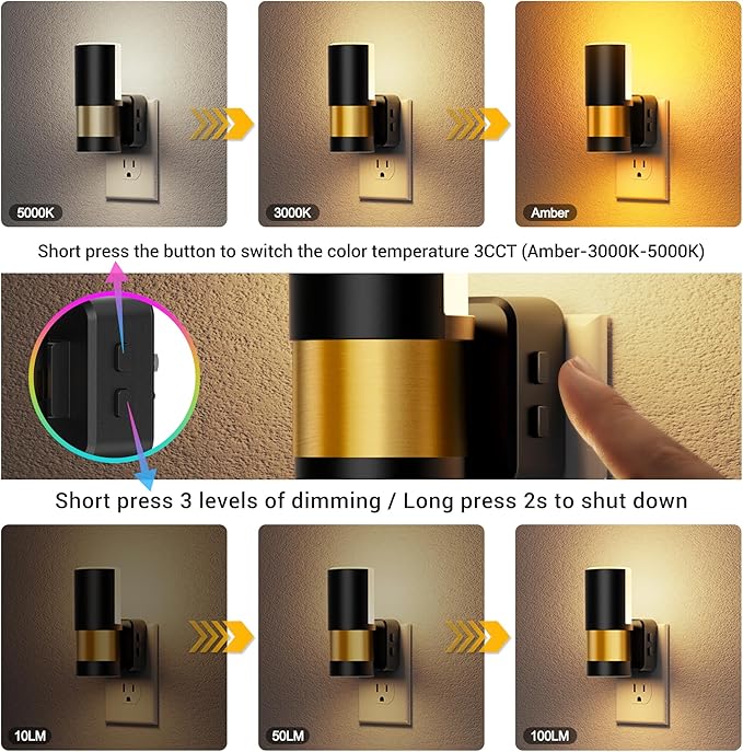 JandCase Plug in Night Light, Rotating Night Light with 3 Colors, 3000K/5000K/Amber, Dimmable Night Lights with Dusk to Dawn Sensor, 360°Rotatable, LED Nightlight for Bathroom Bedroom Hallway, 2 Pack