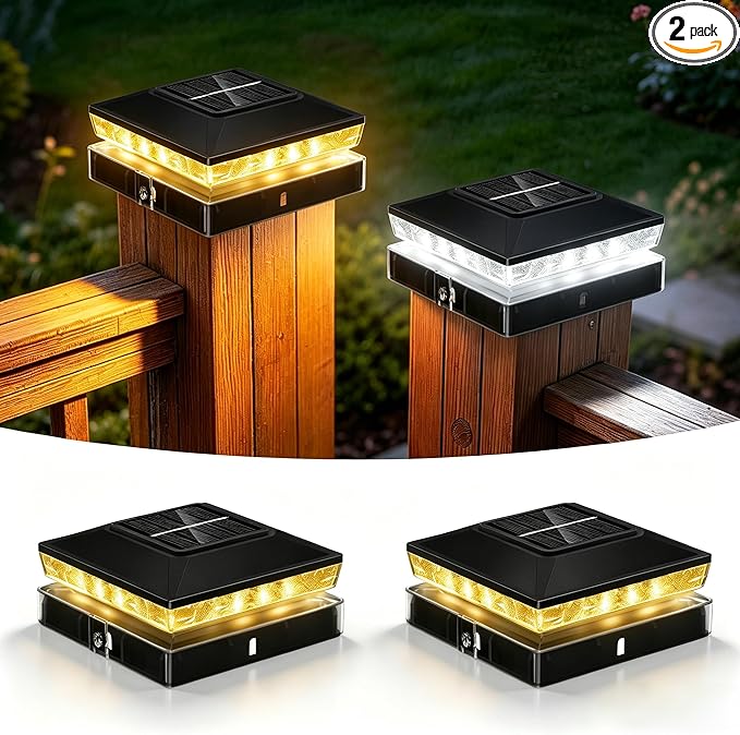 Solar Post Cap Lights 2 Pack, IP65 Waterproof Outdoor Fence Post Solar Lights for 3.5x3.5 & 4x4 Wood/Vinyl Posts, 10-12 Hours Upgraded Warm/Cool White Glow for Garden/Patio/Porch - Inky Black
