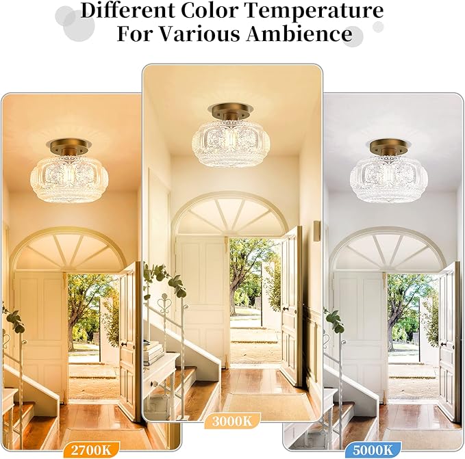 Semi Flush Mount Ceiling Light, Globe Glass Ceiling Light Fixture, Gold Modern Lighting for Hallway Porch Corridor Kitchen Bedroom, Bulb Not Included