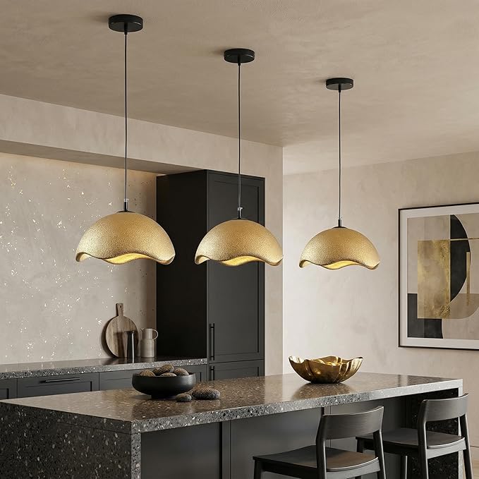 JAYMP 15.7" Modern Pendant Light for Dining Room Kitchen Island Light Hanging Lamp E26 Base Japanese Wabi-Sabi Style Bird Nest Shape Lighting Fixture, 1 Pack (Matte Gold,D Shape, 40cm/15.7inch)