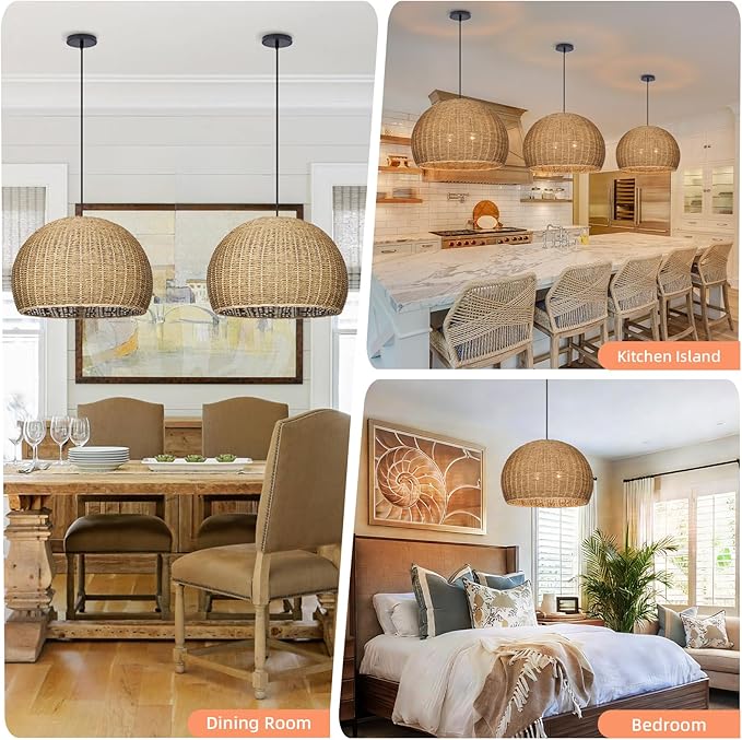 Arturesthome 2-Light Rustic Farmhouse Rattan Pendant Light,19.68in Large Dome Hand Woven Ceiling Mounted Rattan Chandelier,Coastal Beach Ceiling Hanging Light for Kitchen,Dining Room