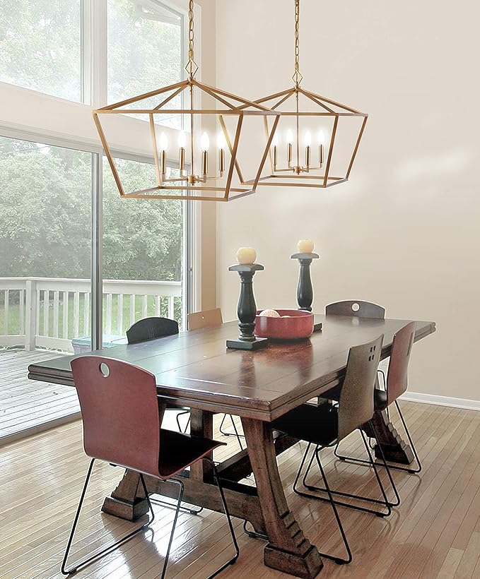 JONATHAN Y 23" Gold 4-Light Rustic Glam Adjustable Iron LED Pendant, Open Cage Lantern Hanging Light for Dining Room, Kitchen Island, Foyer, Farmhouse French Country (JYL7520C)