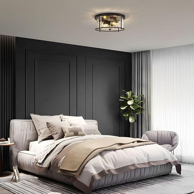 LamQee Flush Mount Ceiling Light with Clear Hammered Glass, Industrial 2-Lights Farmhouse Close to Ceiling Light Fixtures Round Low Profile Lights for Kitchen Hallway Foyer Entrance Bedroom Black