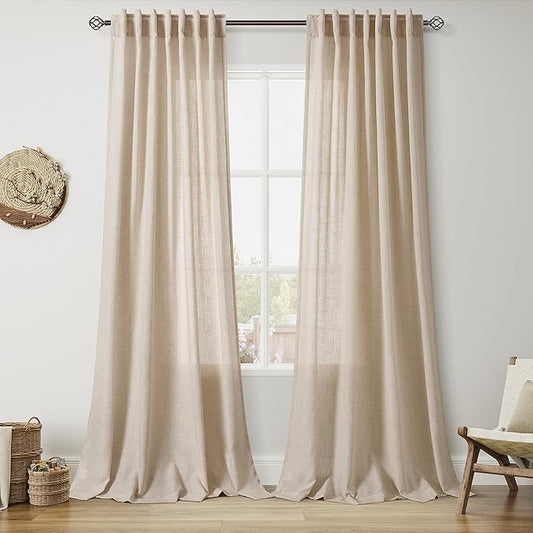 Grey Flax Linen Curtains 108 Inches Long for Living Room Light Filtering Mordern Boho Sheer Curtains Back Tab and Rod Pocket Long Floor to Ceiling High Window Curtain for Bedroom 52x108, 2 Panels