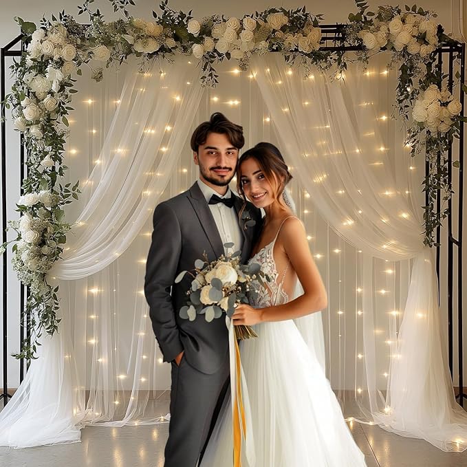 10x10ft White Tulle Backdrop Curtain with Lights String Sheer Drapes for Wedding, Birthday, Baby Shower, Bridal Shower, Photo Booth, Party, Home Decor (2 Panels, White)