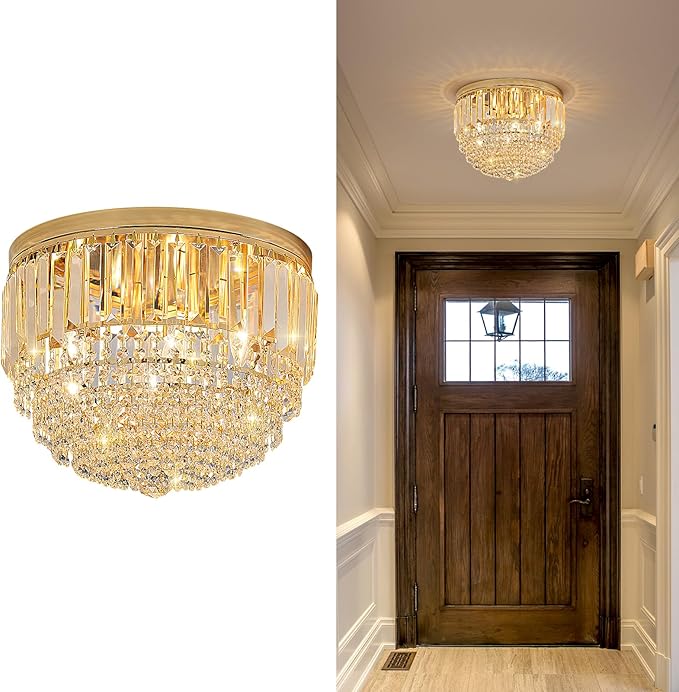 YMP&YZX Modern French Gold Crystal Chandelier Ceiling Light,15.7" Semi Flush Mount 5-Lights LED Crystal Round Chandelier Light E12 Base for Bedroom Living Room