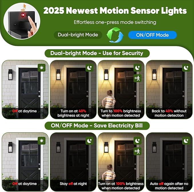 BesLowe Upgraded Motion Sensor Outdoor Wall Light, 13” Dusk to Dawn Porch Light Outdoor Wall Sconce Lantern, 3 Lighting Modes Exterior Lighting Fixture Wall Mount, Outside Light for House, Black