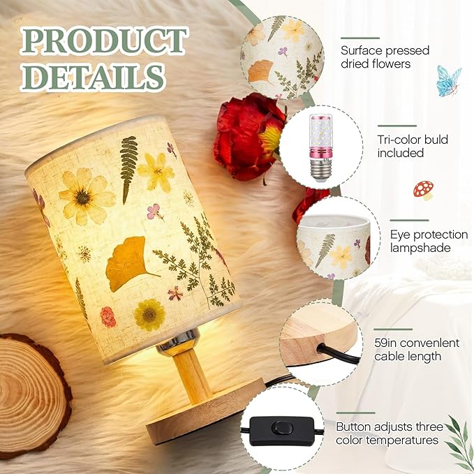 Hortsun Pressed Flower Lamp Vintage Table Small Lamp Cottagecore Decor Boho Night Light Decorative Rustic Night Light for Bedroom, Living Room or Office, Valentine Gift for Women(Modern Style)