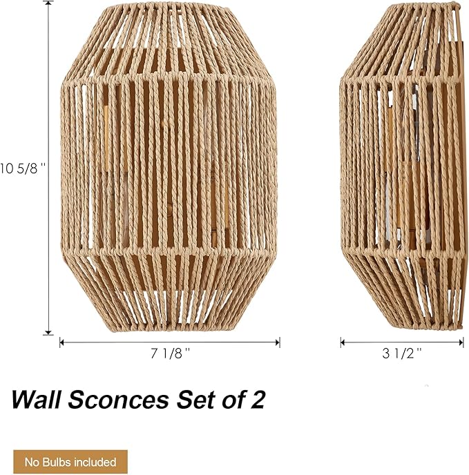 Natural Rattan Wall Sconce Set of 2, with Boho Woven Wicker Shade Antique Brass Brush Paint Finish for Vanity Stairway Fireplace Living Room Bedside Passway Hallway