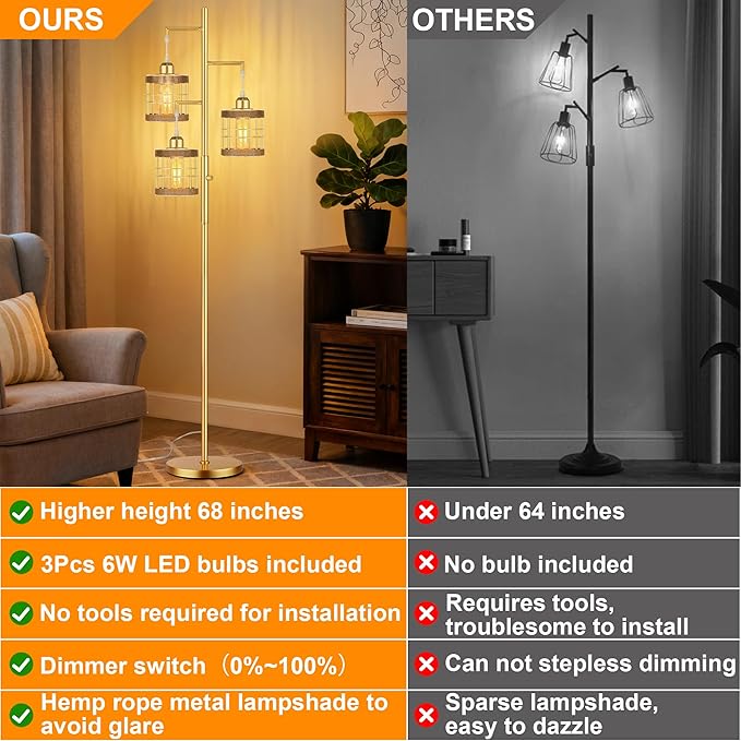 QiMH Industrial Floor Lamps for Living Room, Tree Standing Lamp with Stepless Dimmable, 68" Tall Lamps for Bedroom Study, 3 LED Bulbs Included, Gold