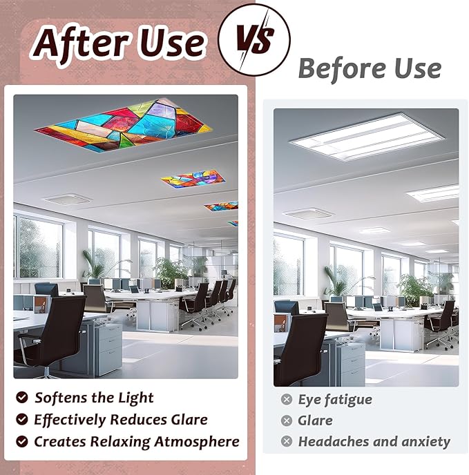 4 Pcs Fluorescent Light Covers for Classroom Ceiling Light 4 x 2 Feet Decorative Magnetic Lights Cover Filters Easy Install for School Office Home Hospitals Drop Ceiling Supplies (Retro Stained Glass)