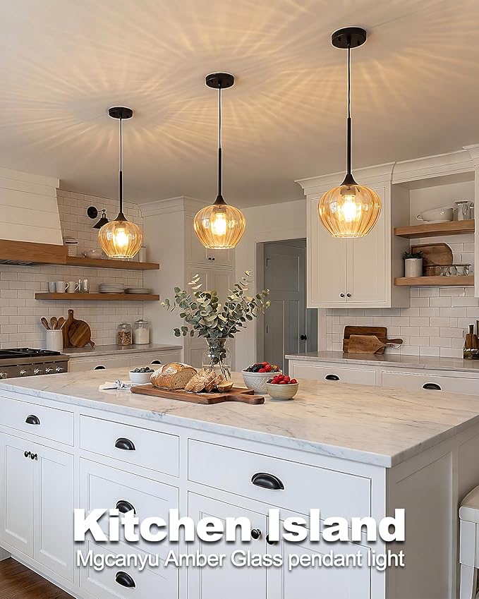 2-Pack Amber Pendant Lights for Kitchen Island, 7" Vintage Glass Pendant Lighting Mini Light Fixtures Adjustable Hanging Light for Kitchen, Dining Room, Bar, Bathroom