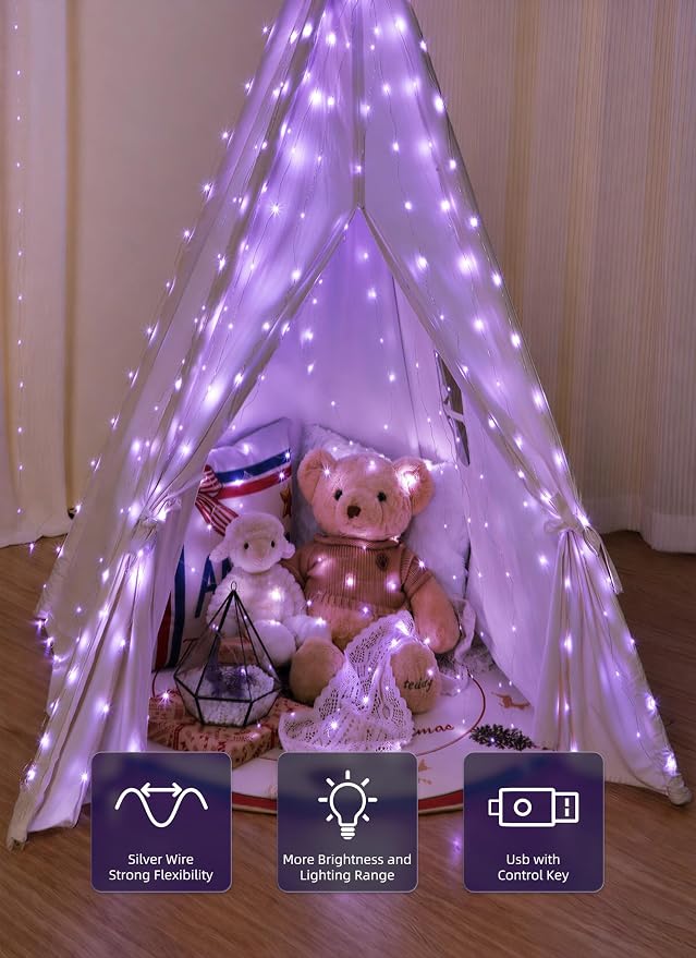 Brightown 300 LED Purple Fairy Curtain Lights, 9.8ft x 9.8ft String Lights, USB Plug in 8 Lighting Modes Christmas String Hanging Lights with Remote for Bedroom Indoor Outdoor Party Xmas Purple 1 Pack