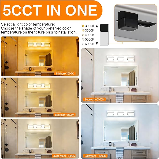 SOLFART 3-Lights Chrome Bathroom Light,Vanity Light Over Mirror, Modern LED Light Fixtures, 5 Color Temperature Adjustable Modern Light for Bathroom