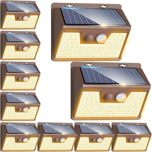 Peasur Solar Outdoor Lights [10 Pack/140LED], 3000K Warm Light Motion Sensor Outdoor Powered Security Lights 3 Working Modes Waterproof for Outside Garden Yard, Brown Frame