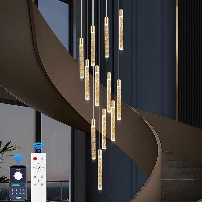12-Light High Ceiling Chandeliers Modern Black Crystal Chandeliers for Entryway Long Spiral LED Dimmable Chandelier Flush Mount Ceiling Staircase Foyer Living Room Ceilings Light Fixture