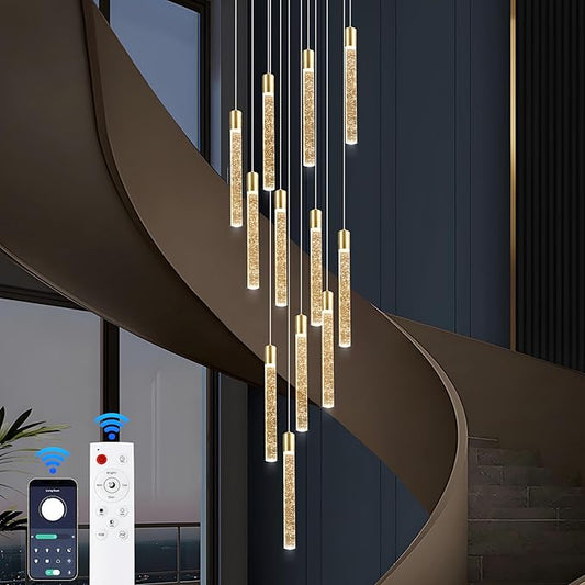 12-Light High Ceiling Chandeliers Modern Black Crystal Chandeliers for Entryway Long Spiral LED Dimmable Chandelier Flush Mount Ceiling Staircase Foyer Living Room Ceilings Light Fixture