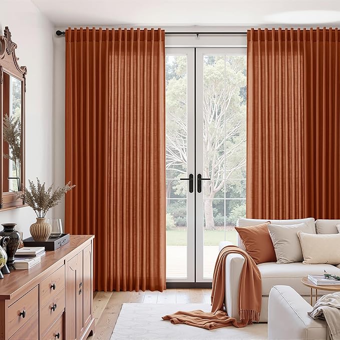 Nanspring Extra Wide Linen Curtains for Living Room 84 Inches Long Terracotta Light Filtering Semi Sheer Boho Farmhouse Curtain for Bedroom Office Luxury Back Tab and Rod Pocket 100x84, 2 Panels