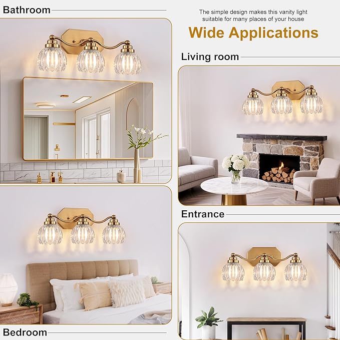 VbiTmn Gold Bathroom Light Fixtures, 3 Light Vintage Vanity Lights, Antique Brass Brushed Gold Finish, Crystal Transparent Glass Shade, Mid Century Wall Sconces for Bedroom, Living Room, Hallway