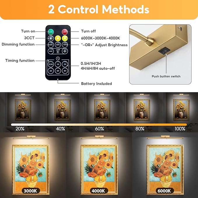 Picture Light for Wall Battery Operated, 24" Rechargeable Art Light with Remote and Timer for Painting, 9000mAh Wireless Wall Light for Display, Artwork, Portrait, Gallery, Gold