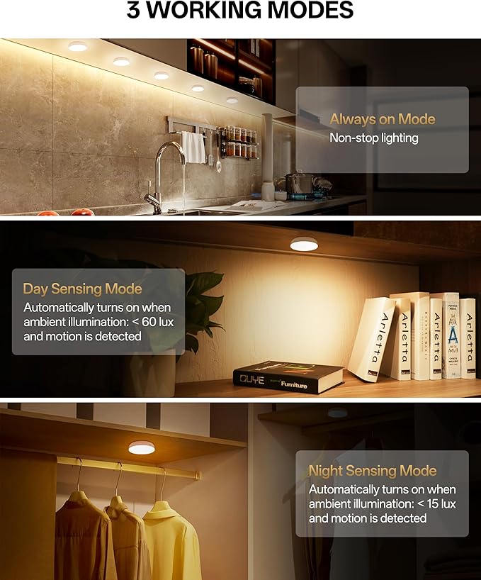 Homelist 3 Pack 1500mAh Upgraded Ultra Bright Motion Sensor Lights Indoor, Rechargeable Puck Light with Remote, Battery Operated Sensor Night Light for Stairs, Cabinet, Bedside, Closet