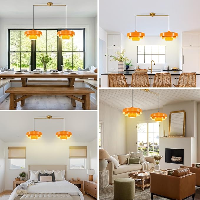 Industrial Vintage Adjustable 2-Light Pendant Light Kitchen Island, Brass Ceiling Hanging Light Fixture with Metal Shade for Dining Room, Living Room, Entryway, Easy to Install