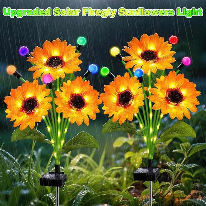 Solar Garden Lights-4 Pack Solar Sunflowers with Multicolor Changing Swaying Firefly Lights,Gifts for Mom Women Mothers Day Birthday,Waterproof Firefly Sunflower Light for Outdoor Patio Yard Decor