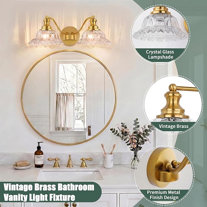 Espird 2 Lights Bathroom Vanity Light Fixtures, Vintage Brass Vanity Lights for Bathroom, Farmhouse Antique Light Fixtures Over Mirror with Crystal Glass Shade