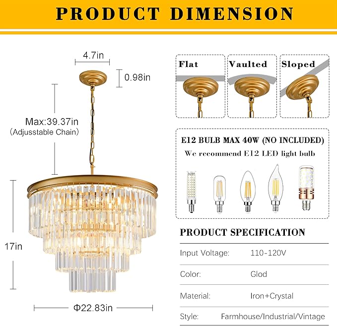 Gold Crystal Chandelier 22.9" 10-Lights Modern Crystal Pendant Lights 4-Tier Luxury K9 Hanging Dining Room Lighting Fixture for Living Room Bedroom Kitchen Island Entryway Stairway Office