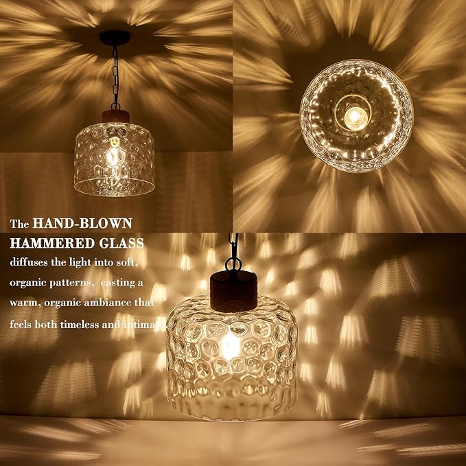 VILUXY Large Hammered Glass Pendant Light Farmhouse Dome Pendant Lighting Hand-Blown Hammered Glass Shade Black Adjustable Ceiling Hanging Light for Kitchen Island Dining Room Hallway, UL Listed