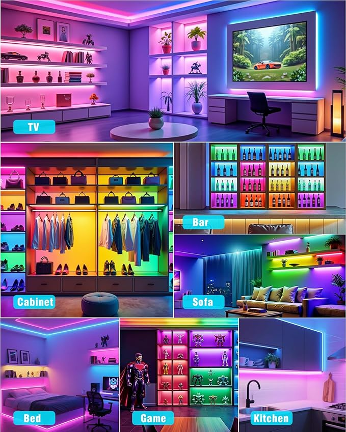Led Strips Light for Cabinets TV Back Light Strips for Shelves with Remote Control 210 Modes APP for TV Bedroom Home Small Short Led Light Strip 4 Pre-Cut RGB Led Light Strip