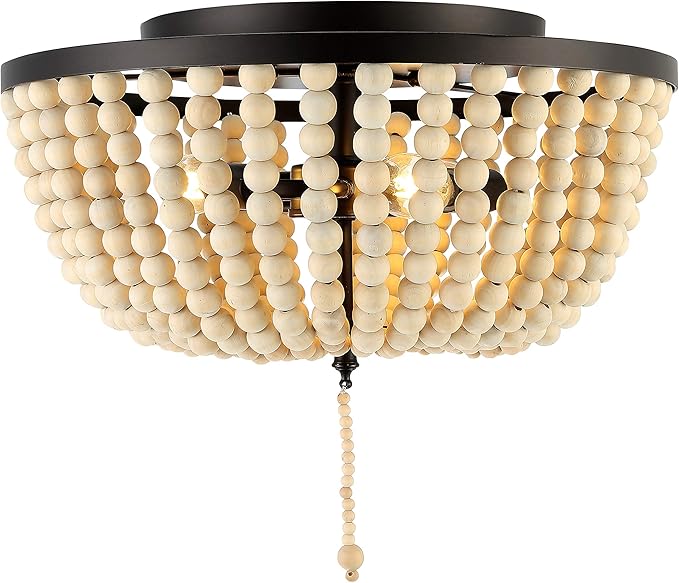 JONATHAN Y 15" Oil Rubbed Bronze/Cream Allison 3-Light LED Flush Mount Ceiling Light for Bedroom, Wood Beaded Shade Shabby Chic Farmhouse Rustic Decor, LED Bulbs Included (JYL9019B)