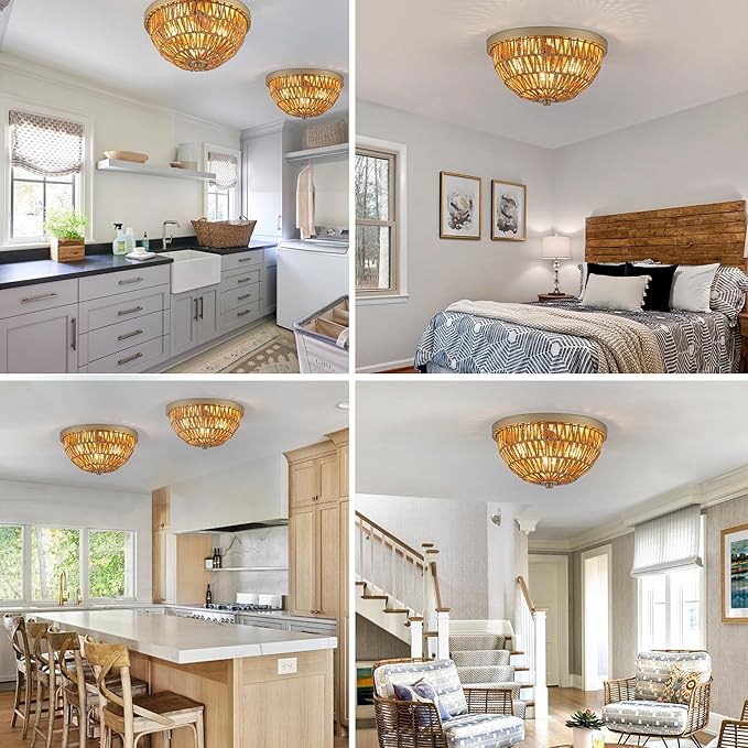 Gold Rattan Ceiling Light, 3 Light Boho Light Fixture with Drum Shape, Woven Flush Mount Ceiling Light for Entryway, Hallway, Bedroom, Kitchen
