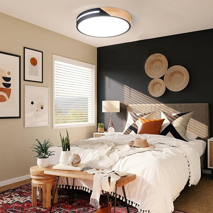 Black and Wood Flush Mount Ceiling Light Fixture 12 inch, Dimmable LED Flush Mount Black, Modern Light Fixture Ceiling Mount for Bedroom, Living Room, Kitchen, Bathroom, Hallway