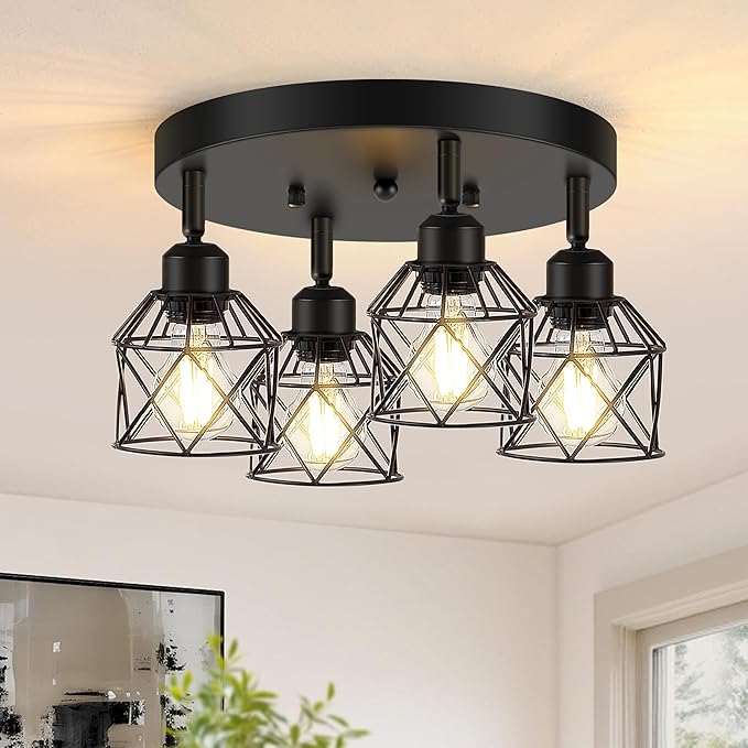 4-Light Kitchen Light Fixtures Ceiling Mount, Adjustable Multi-Directional Black Flush Mount Ceiling Light Fixture, Farmhouse Metal Cage Ceiling Lights for Dining Room Entryway Hallway