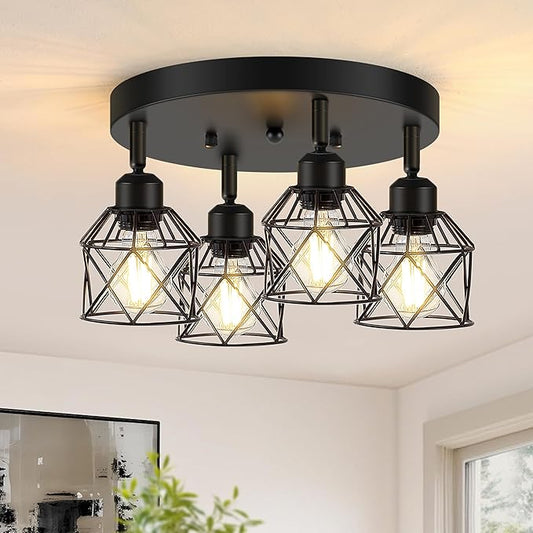 4-Light Kitchen Light Fixtures Ceiling Mount, Adjustable Multi-Directional Black Flush Mount Ceiling Light Fixture, Farmhouse Metal Cage Ceiling Lights for Dining Room Entryway Hallway