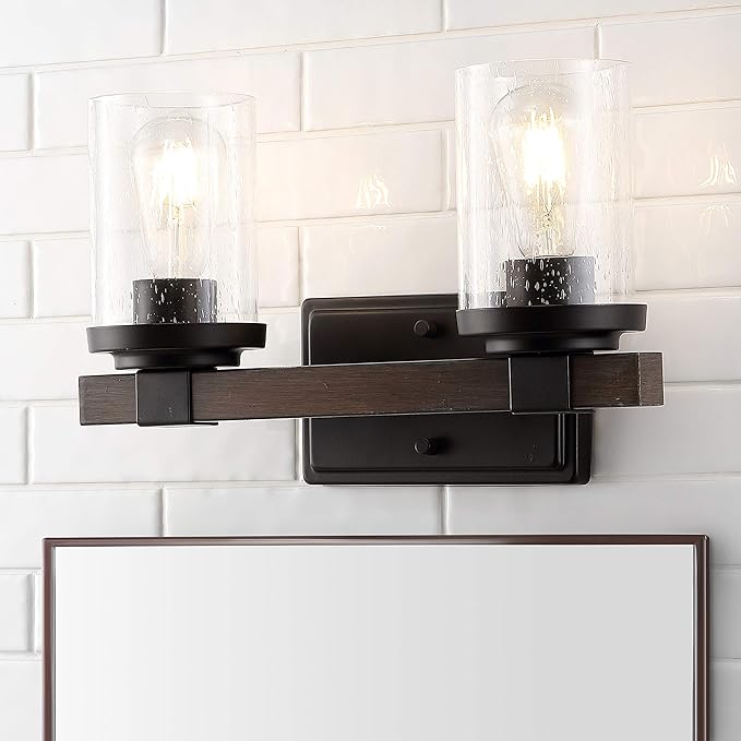 JONATHAN Y 15" Oil Rubbed Bronze LED Vanity Light, Rustic Farmhouse Sconce, Clear Seeded Glass Shade, Industrial Wall Lamp for Bathroom Mirror, Kitchen Sink, LED Bulb (JYL7508A)