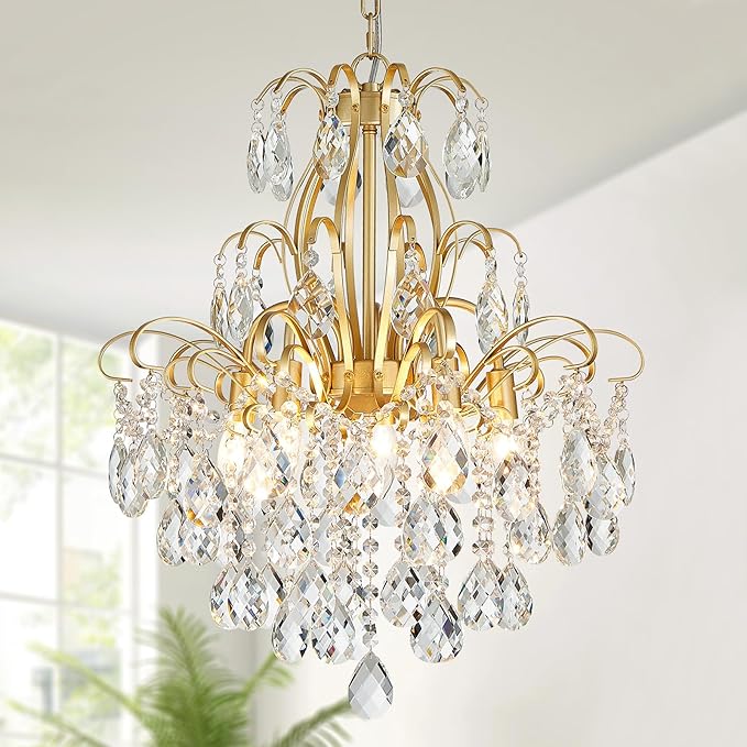 WUZUPS 5-Light Crystal Candle Chandelier Pendant Ceiling Modern Lighting Fixture for Bedroom Hallway Bar Kitchen Bathroom, H 22.8" W19.7, E12 Base, Gold