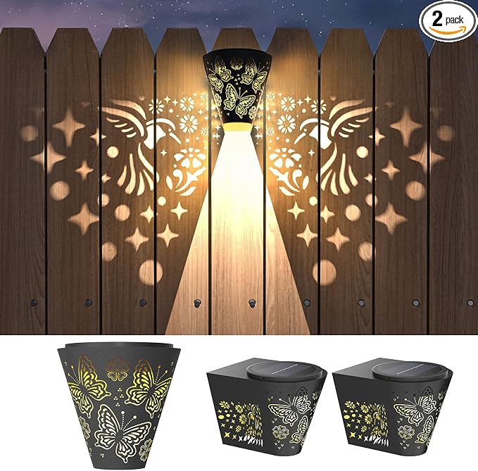 2 Pack Solar Fence Lights Outdoor Wall lihgts Decorations Metal Solar Deck Lights Waterproof LED Solar Powered Step Lights Warm White Light Decorative Lighting for Garden, Front Door, Backyard (metal)
