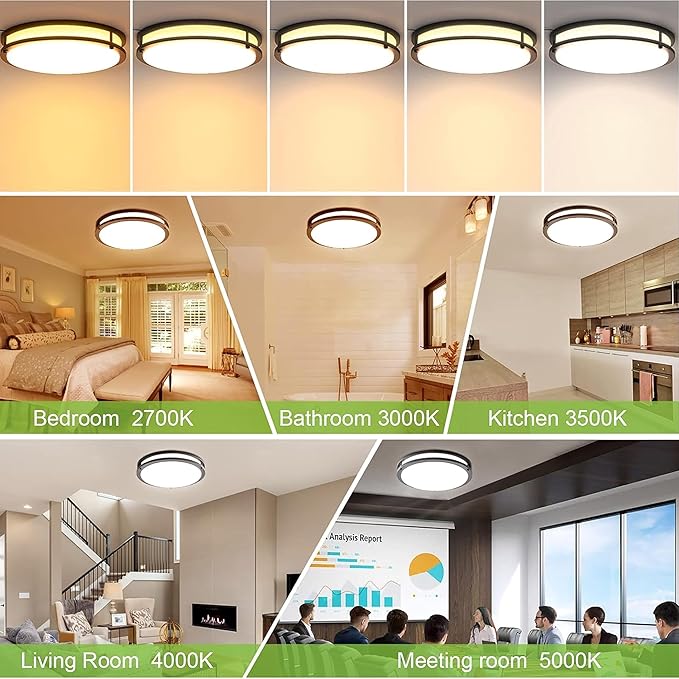 hykolity 16 inch Dimmable LED Flush Mount Ceiling Light, Oil Rubbed Bronze, 36W, 2200LM, 2.7/3/3.5/4K/5K Adjustbale, 120°Light Angle, CRI90, Ceiling Lamp for Bedroom, Kitchen, Office,ETL Listed
